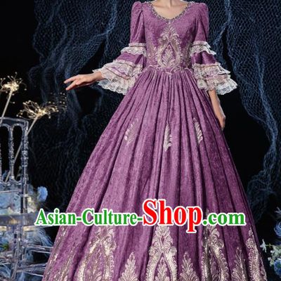 Top European Drama Performance Clothing Western Court Princess Purple Full Dress Compere Garment Costume French Noble Lady Formal Attire