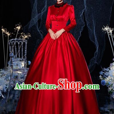 Top Christmas Garment Costume England Queen Formal Attire European Drama Performance Clothing Western Court Empress Red Satin Full Dress