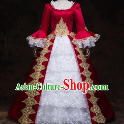 Top Western Renaissance Style Red Full Dress Christmas Garment Costume England Noble Woman Formal Attire European Drama Performance Clothing