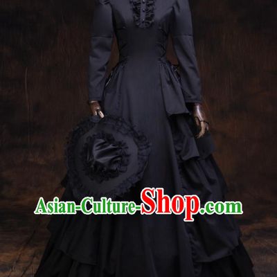 Top European Drama Performance Clothing Western Renaissance Style Black Full Dress Gothic Garment Costume England Noble Woman Formal Attire