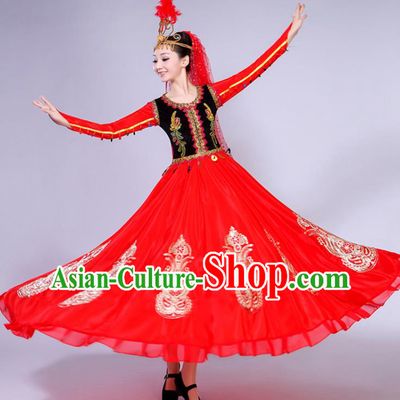 Chinese Xinjiang Ethnic Young Lady Red Dress Outfits Uyghur Nationality Performance Clothing Spring Festival Gala Opening Dance Garment Costumes