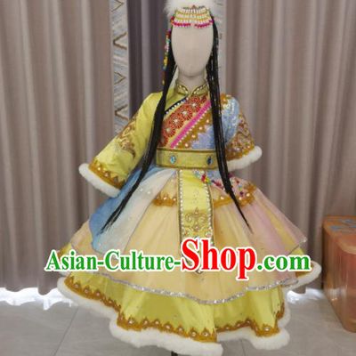 Chinese Ethnic Folk Dance Garment Costumes Zang Minority Dance Yellow Dress Outfits Tibetan Nationality Children Performance Clothing and Headdress