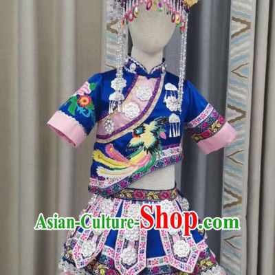 Chinese Pumi Nationality Children Performance Clothing Ethnic Folk Dance Garment Costumes Qiang Minority Dance Blue Dress Outfits and Headwear