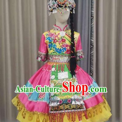 Chinese Qiang Nationality Children Performance Clothing Ethnic Folk Dance Garment Costumes Pumi Minority Dance Pink Dress Outfits and Headdress