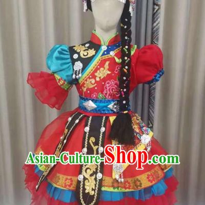 Chinese Qiang Nationality Children Performance Clothing Ethnic Folk Dance Garment Costumes Pumi Minority Dance Red Dress Outfits and Headpieces