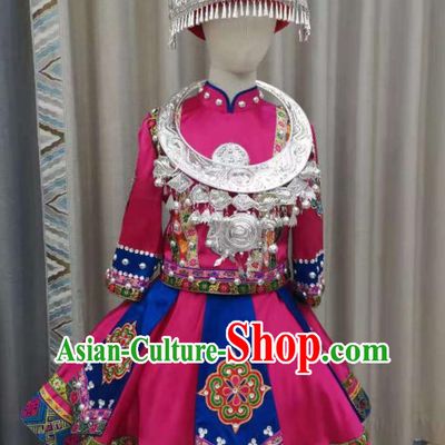 Chinese Pumi Minority Dance Rosy Dress Outfits Qiang Nationality Children Performance Clothing Ethnic Folk Dance Garment Costumes and Headdress
