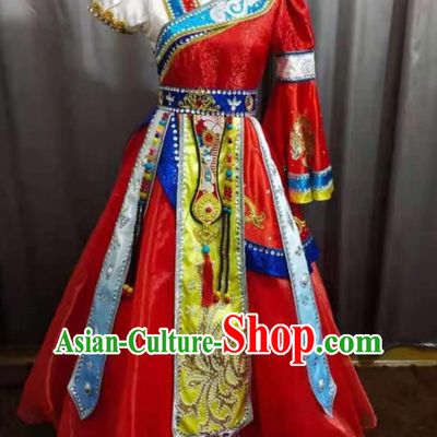Chinese Tibetan Nationality Children Performance Clothing Ethnic Folk Dance Garment Costumes Zang Minority Dance Red Dress Outfits