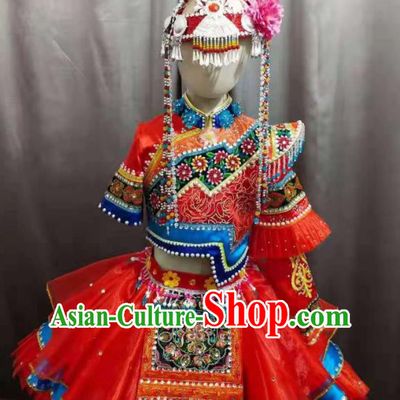 Chinese She Nationality Performance Clothing Ethnic Children Dance Garment Costumes Qiang Minority Girl Festival Red Dress Outfits and Hair Crown