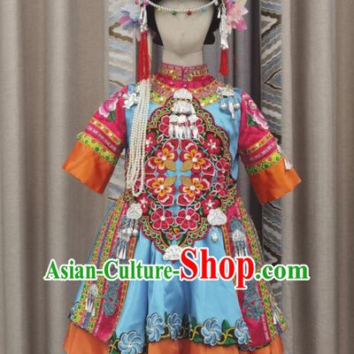 Chinese Miao Nationality Performance Clothing Ethnic Children Dance Garment Costumes Qiang Minority Girl Festival Dress Outfits and Headwear