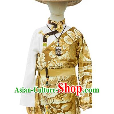 Chinese Zang Nationality Kid Solo Clothing Traditional Light Golden Brocade Tibetan Robe Ethnic Boys Performance Costume