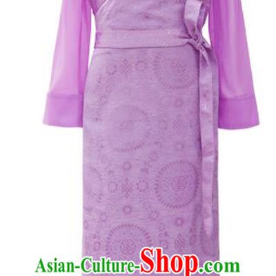 Chinese Ethnic Folk Dance Lilac Brocade Dress Zang Minority Girl Garment Costume Tibetan Nationality Children Informal Clothing