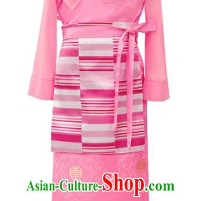 Chinese Tibetan Nationality Children Informal Clothing Ethnic Folk Dance Pink Brocade Dress Zang Minority Girl Garment Costume
