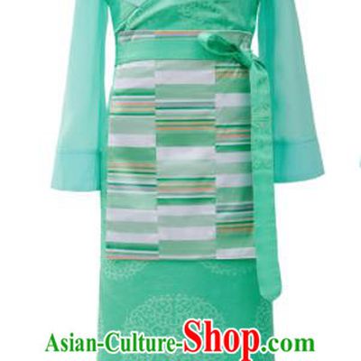 Chinese Zang Minority Girl Garment Costume Tibetan Nationality Children Informal Clothing Ethnic Folk Dance Green Brocade Dress
