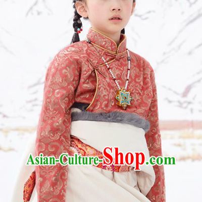 Chinese Ethnic Children Rust Red Brocade Shirt Zang Minority Girl Upper Outer Garment Tibetan Nationality Blouse Clothing