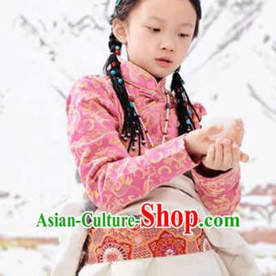 Chinese Tibetan Nationality Blouse Clothing Ethnic Children Pink Brocade Shirt Zang Minority Girl Upper Outer Garment