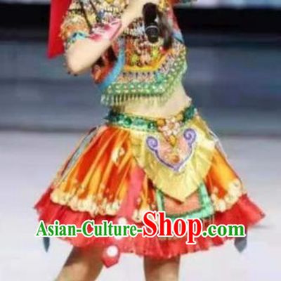 Chinese She Minority Dance Red Dress Outfits Lisu Nationality Children Performance Clothing Ethnic Folk Dance Garment Costumes