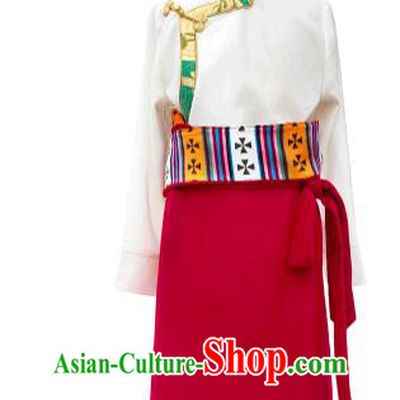 Chinese Zang Minority Performance Costumes Tibetan Nationality Girl Clothing Ethnic Children White Shirt and Red Skirt