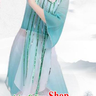 China Girl Fan Dance Garment Costumes Jiangnan Umbrella Dance Clothing Stage Performance Uniforms Classical Dance Light Blue Dress