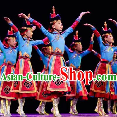 Chinese Mongol Nationality Folk Dance Blue Dress Outfits Traditional Ethnic Girl Clothing Mongolian Minority Stage Performance Costumes