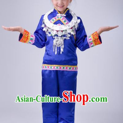 Chinese Tujia Minority Stage Performance Costumes Dong Nationality Folk Dance Royalblue Outfits Traditional Xiangxi Ethnic Girl Clothing