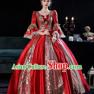 Top European Middle Ages Female Clothing Western Court Red Bubble Dress Renaissance Style Princess Garment Costume French Noble Lady Attire