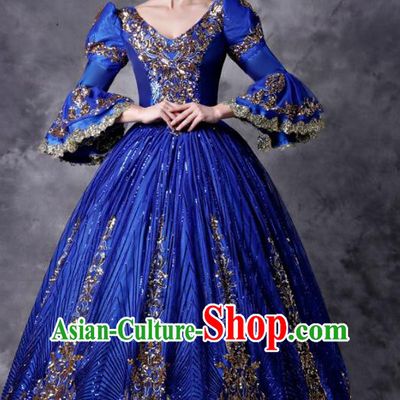 Top European Drama Performance Clothing Western Renaissance Style Royalblue Full Dress Christmas Garment Costume England Court Princess Formal Attire