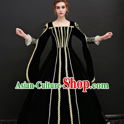Top European Drama Performance Clothing Western Court Black Velvet Full Dress Renaissance Style Garment Costume French Queen Formal Attire