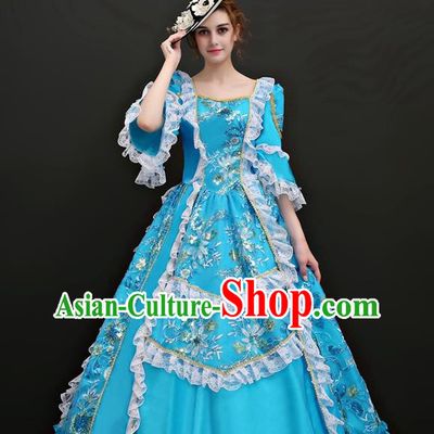 Top Western Ballroom Dance Blue Full Dress Renaissance Style Garment Costume French Princess Formal Attire European Court Clothing