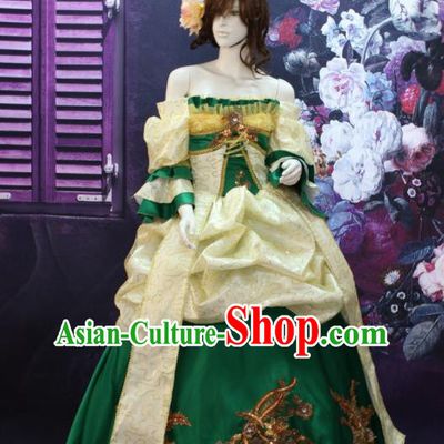 Top European Queen Clothing Western Drama Performance Green Satin Full Dress Christmas Ballroom Dance Garment Costume England Empress Formal Attire