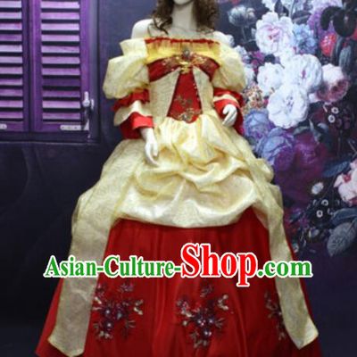 Top England Empress Formal Attire European Queen Clothing Western Drama Performance Red Satin Full Dress Christmas Ballroom Dance Garment Costume