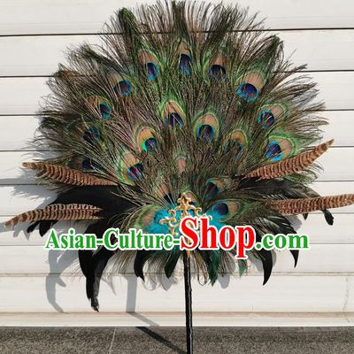 Chinese Stage Show Peacock Feather Fan Traditional Hanfu Palace Fan Handmade Circular Fans Classical Dance Fan