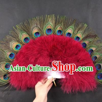 Handmade Stage Show Fan Belly Dance Wine Red Feather Fan Christmas Day Performance Fan Princess Peacock Feather Fan