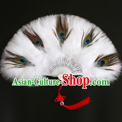 Chinese Ancient Fairy Fan Traditional Hanfu Fan Handmade White Feather Fans Classical Dance Folding Fan