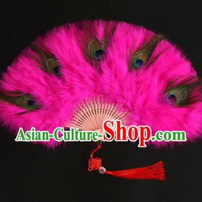 Chinese Traditional Hanfu Fan Handmade Rosy Feather Fans Classical Dance Folding Fan Ancient Fairy Fan