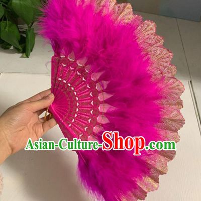 Chinese Handmade Rosy Feather Lace Fans Folk Dance Folding Fan Martial Arts Performance Fan Traditional Kung Fu Fan