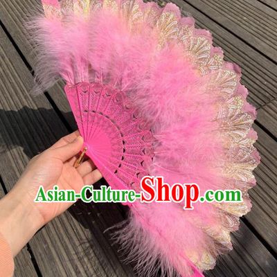 Chinese Traditional Kung Fu Fan Handmade Pink Feather Lace Fans Folk Dance Folding Fan Martial Arts Performance Fan