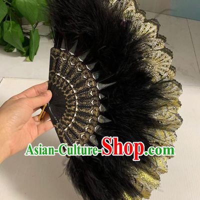 Chinese Handmade Folding Fan Cheongsam Dance Fan Traditional Stage Show Fan Classical Dance Black Feather Fans