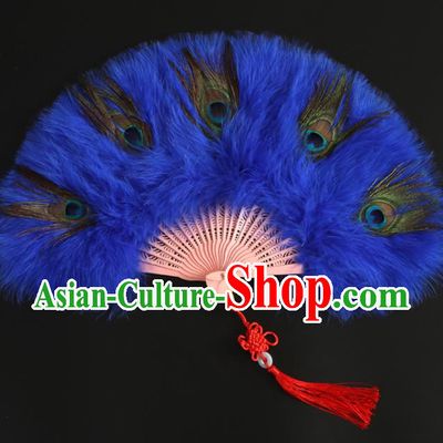Chinese Cheongsam Show Fan Traditional Stage Performance Folding Fan Handmade Royalblue Feather Fans Classical Dance Fan