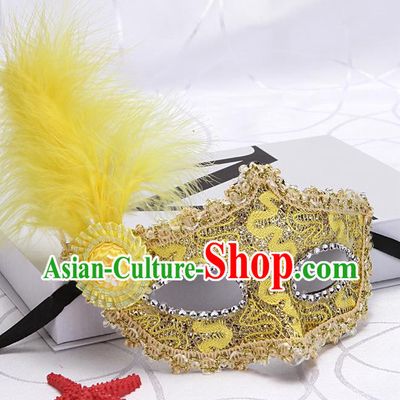 Handmade Halloween Cosplay Yellow Feather Face Mask Masquerade Parade Prop Fancy Ball Mask Headgear Stage Performance Accessories