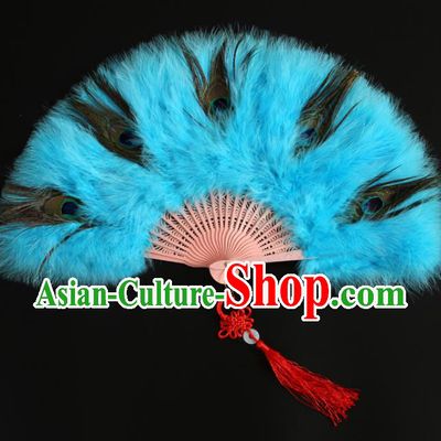 Chinese Handmade Light Blue Feather Fans Classical Dance Fan Cheongsam Show Fan Traditional Stage Performance Folding Fan