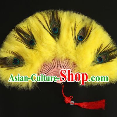 Chinese Traditional Stage Performance Folding Fan Handmade Yellow Feather Fans Classical Dance Fan Cheongsam Show Fan