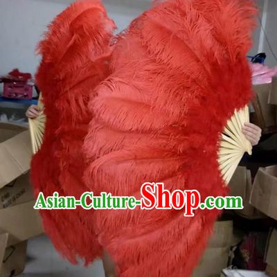 Top Folk Dance Large Fan Handmade Red Ostrich Feather Fan Miami Show Fan Halloween Cosplay Bamboo Folding Fan