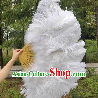 Top Miami Stage Show Fan Halloween Cosplay Bamboo Folding Fan Folk Dance Large Fan Handmade White Ostrich Feather Fan