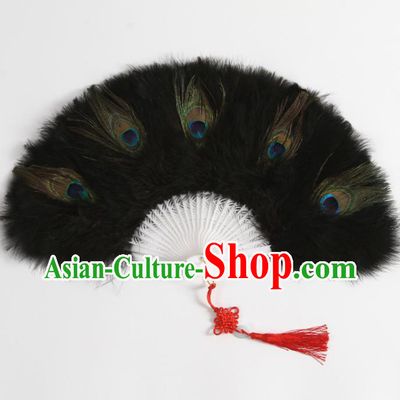 Chinese Folk Dance Black Feather Fan Traditional Hanfu Fan Handmade Peacock Feather Fans Stage Show Folding Fan
