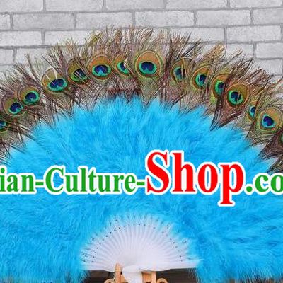Top Handmade Halloween Cosplay Party Fan Stage Show Blue Villus Fan Belly Dance Folding Fan Samba Dance Peacock Feathers Fan