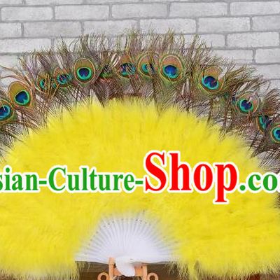 Top Opening Dance Yellow Villus Fan Belly Dance Folding Fan Halloween Cosplay Performance Fan Handmade Peacock Feathers Party Fan