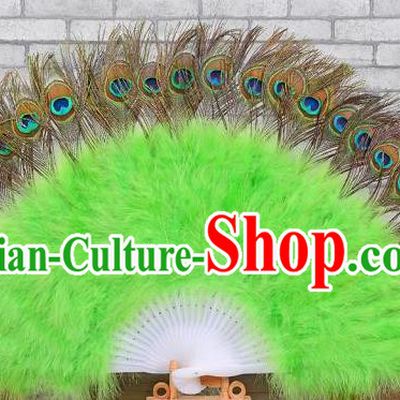 Top Halloween Cosplay Performance Fan Handmade Peacock Feathers Party Fan Opening Dance Green Villus Fan Belly Dance Folding Fan