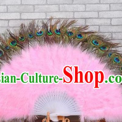 Top Belly Dance Folding Fan Halloween Cosplay Performance Fan Handmade Peacock Feathers Party Fan Opening Dance Pink Villus Fan