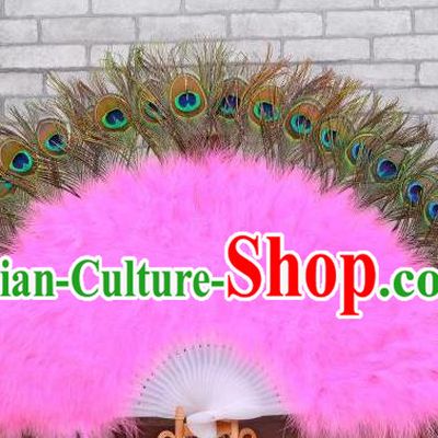 Top Samba Dance Rosy Villus Fan Spanish Dance Folding Fan Stage Performance Fan Handmade Peacock Feathers Fan
