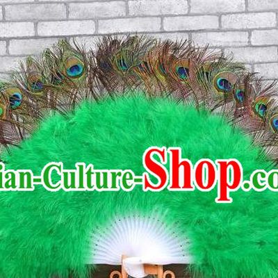 Top Handmade Peacock Feathers Fan Samba Dance Green Villus Fan Spanish Dance Folding Fan Stage Performance Fan